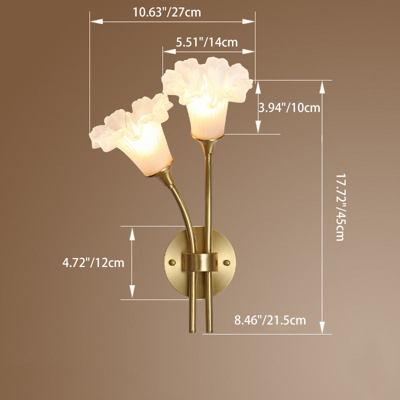 French Glass Brass Floral Round 2-Light Wall Sconce Lamp