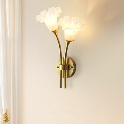 French Glass Brass Floral Round 2-Light Wall Sconce Lamp