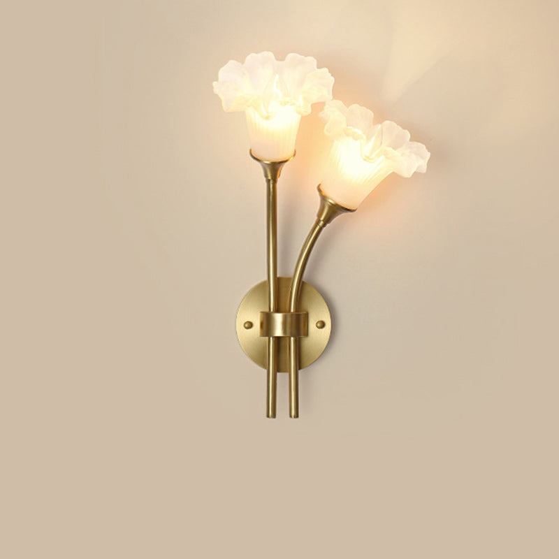 French Glass Brass Floral Round 2-Light Wall Sconce Lamp