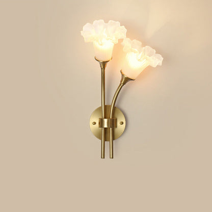 French Glass Brass Floral Round 2-Light Wall Sconce Lamp