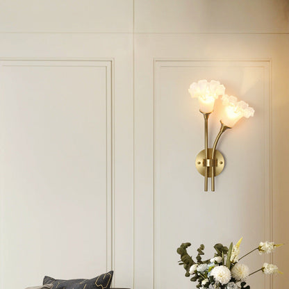 French Glass Brass Floral Round 2-Light Wall Sconce Lamp