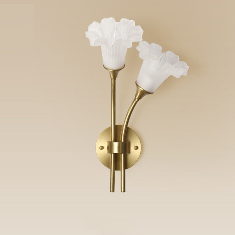 French Glass Brass Floral Round 2-Light Wall Sconce Lamp