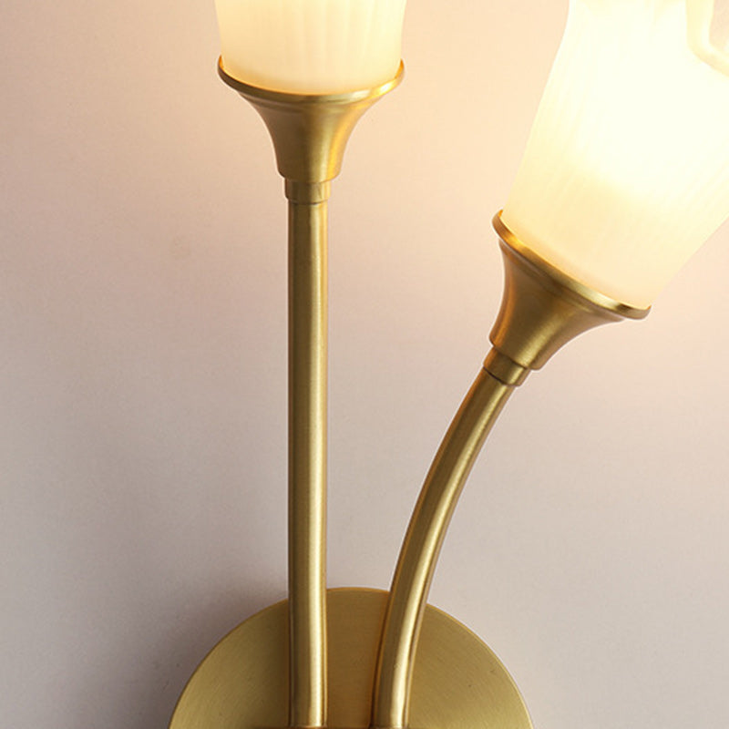 French Glass Brass Floral Round 2-Light Wall Sconce Lamp