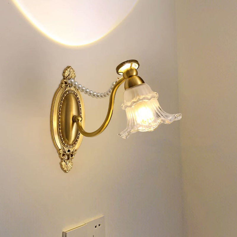 French Brass Floral Oval Curved 1-Light Wall Sconce Lamp