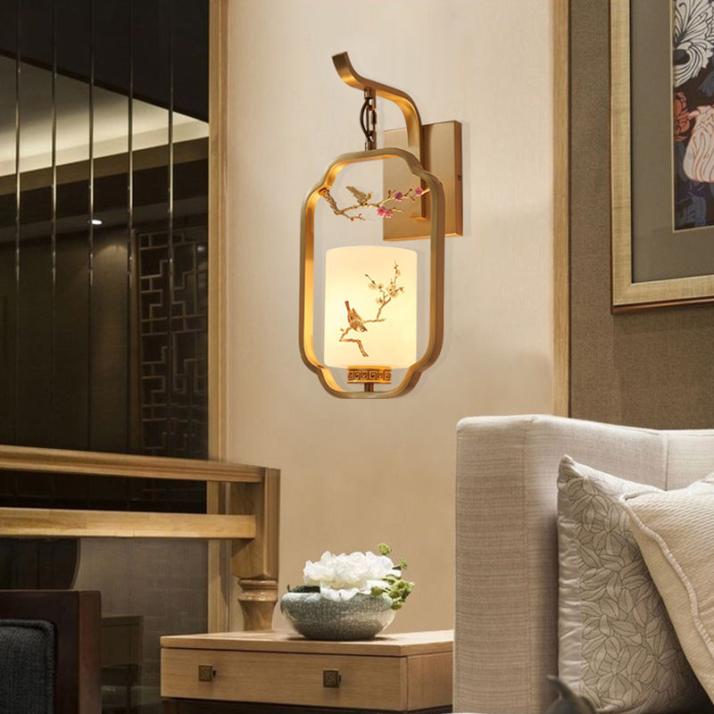 Chinese Bird Pattern Cylindrical 1-Light Wall Sconce Lamp