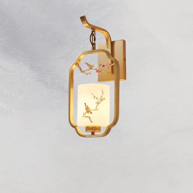Chinese Bird Pattern Cylindrical 1-Light Wall Sconce Lamp