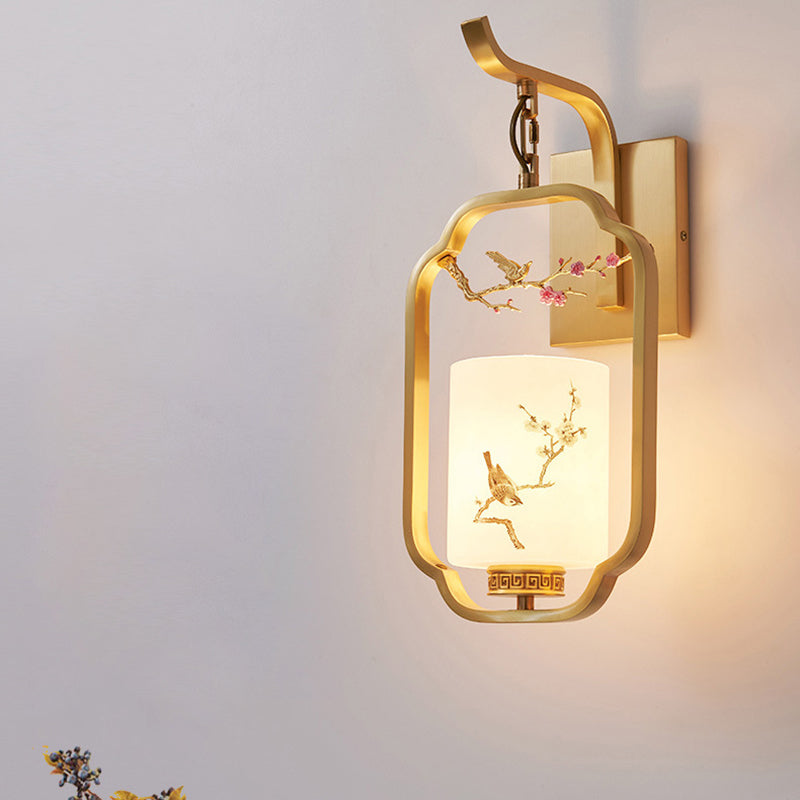 Chinese Bird Pattern Cylindrical 1-Light Wall Sconce Lamp