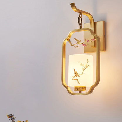 Chinese Bird Pattern Cylindrical 1-Light Wall Sconce Lamp