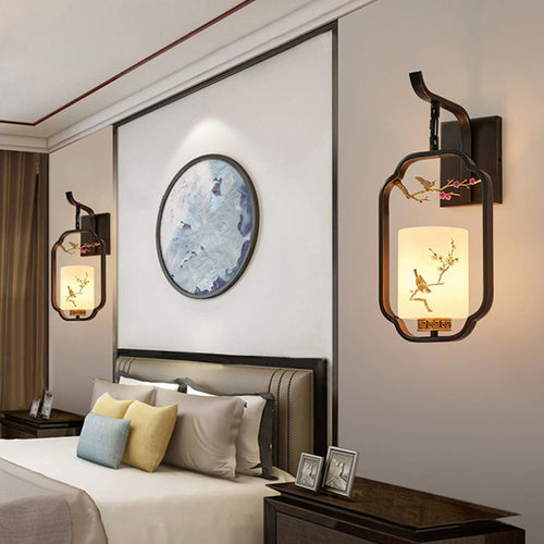 Chinese Bird Pattern Cylindrical 1-Light Wall Sconce Lamp