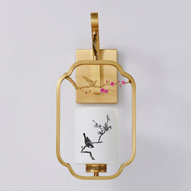 Chinese Bird Pattern Cylindrical 1-Light Wall Sconce Lamp