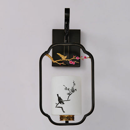 Chinese Bird Pattern Cylindrical 1-Light Wall Sconce Lamp