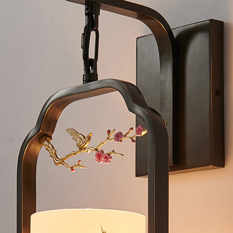 Chinese Bird Pattern Cylindrical 1-Light Wall Sconce Lamp
