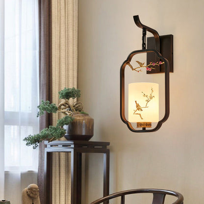 Chinese Bird Pattern Cylindrical 1-Light Wall Sconce Lamp