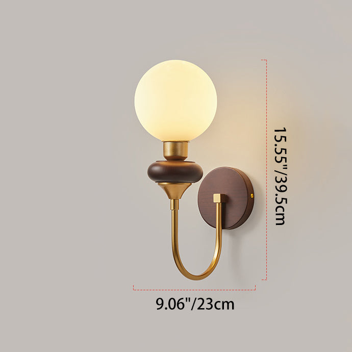Glass Metal Wood Curved Globe 1-Light Wall Sconce Lamp