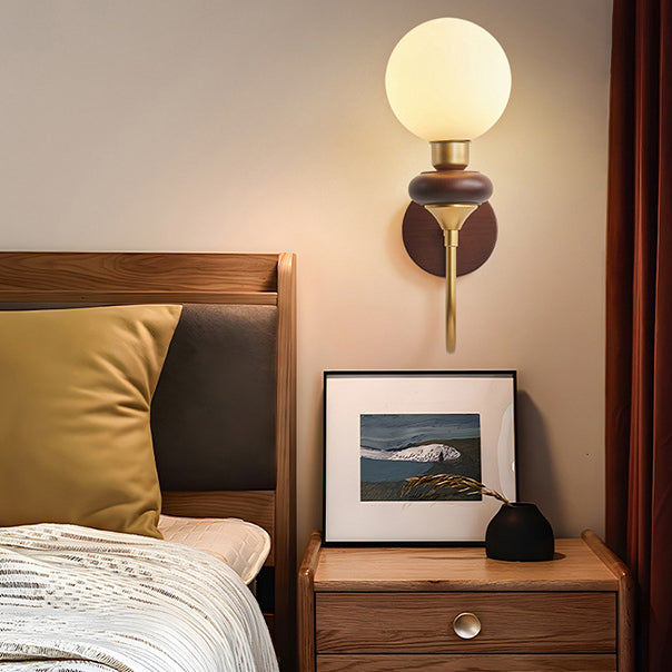 Glass Metal Wood Curved Globe 1-Light Wall Sconce Lamp