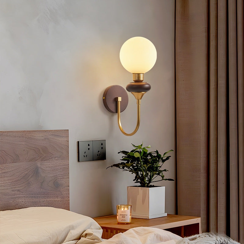 Glass Metal Wood Curved Globe 1-Light Wall Sconce Lamp