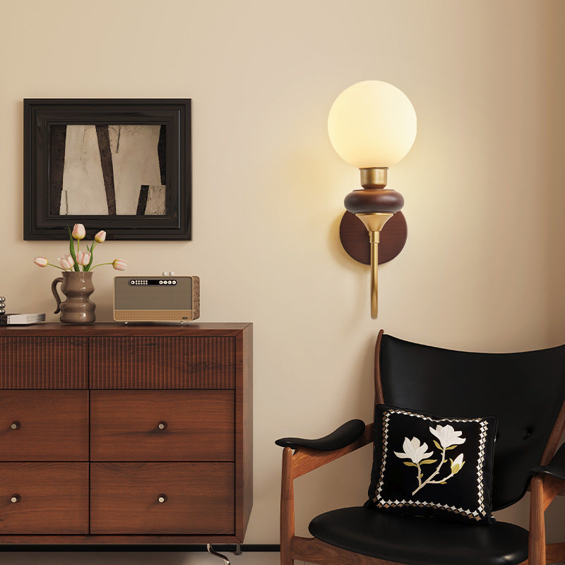 Glass Metal Wood Curved Globe 1-Light Wall Sconce Lamp