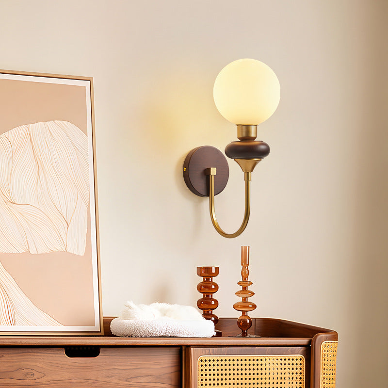 Glass Metal Wood Curved Globe 1-Light Wall Sconce Lamp