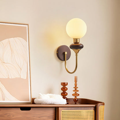 Glass Metal Wood Curved Globe 1-Light Wall Sconce Lamp