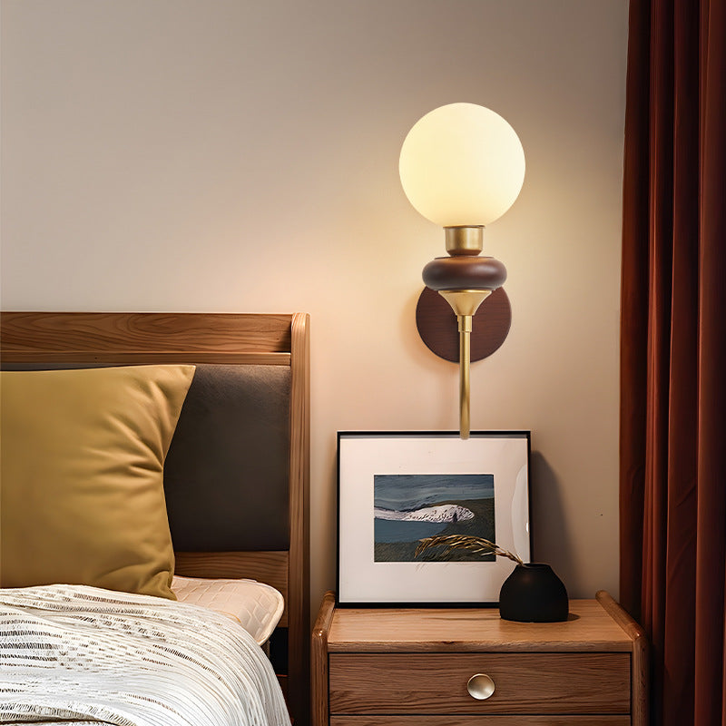 Glass Metal Wood Curved Globe 1-Light Wall Sconce Lamp