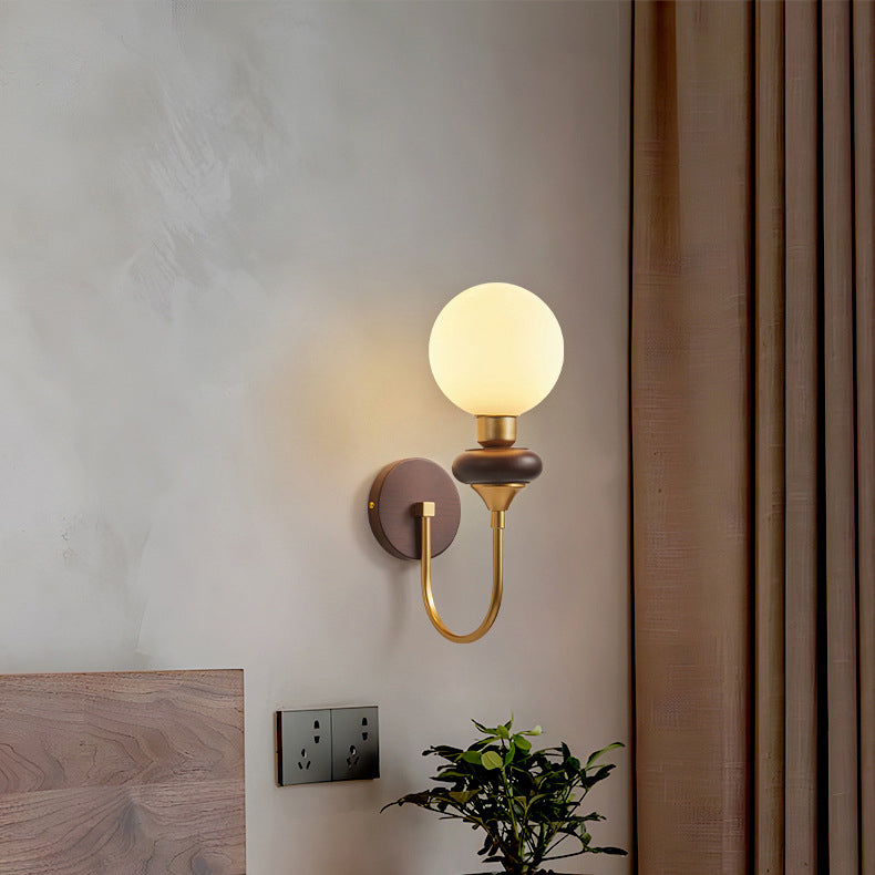 Glass Metal Wood Curved Globe 1-Light Wall Sconce Lamp
