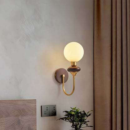 Glass Metal Wood Curved Globe 1-Light Wall Sconce Lamp