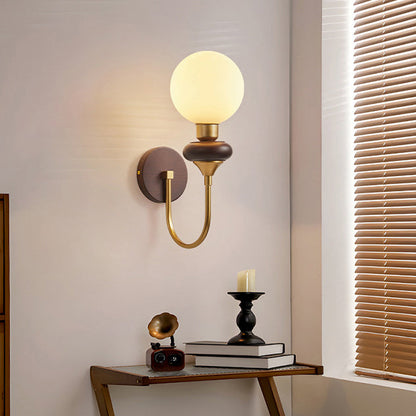 Glass Metal Wood Curved Globe 1-Light Wall Sconce Lamp