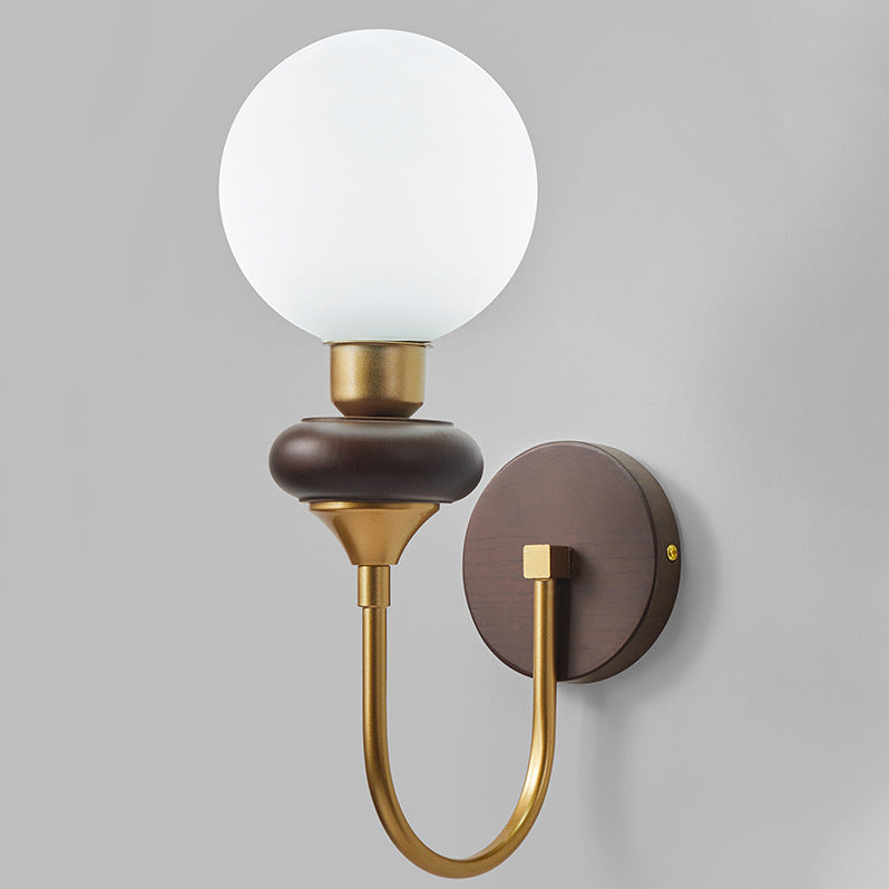 Glass Metal Wood Curved Globe 1-Light Wall Sconce Lamp