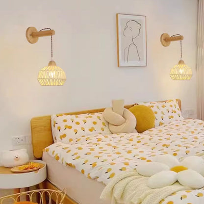 Japanese Solid Wood Hollow Round 1-Light Wall Sconce Lamp