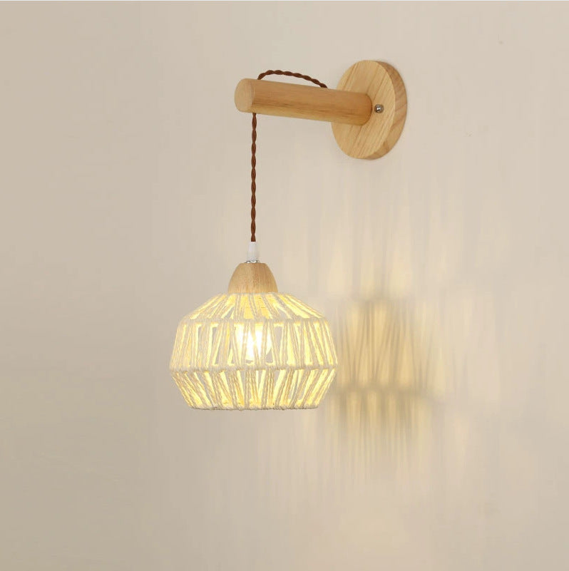 Japanese Solid Wood Hollow Round 1-Light Wall Sconce Lamp