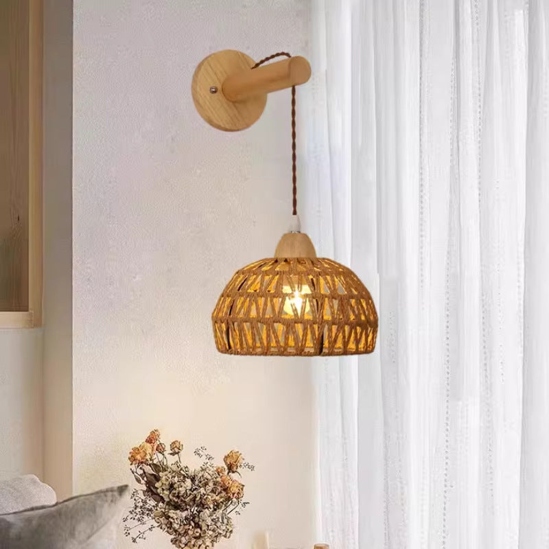 Japanese Solid Wood Hollow Round 1-Light Wall Sconce Lamp