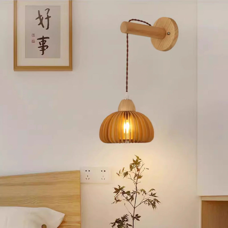 Japanese Solid Wood Hollow Round 1-Light Wall Sconce Lamp