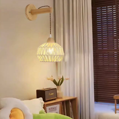 Japanese Solid Wood Hollow Round 1-Light Wall Sconce Lamp