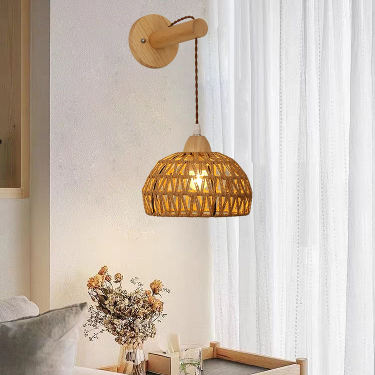 Japanese Solid Wood Hollow Round 1-Light Wall Sconce Lamp