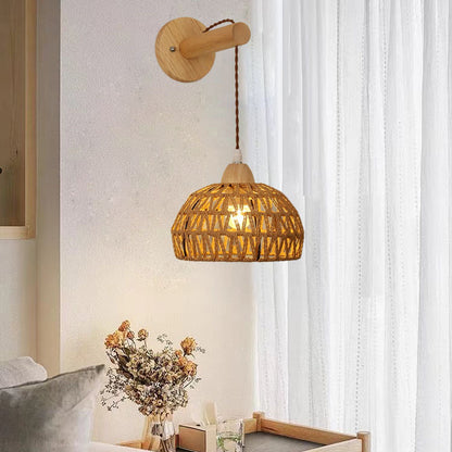 Japanese Solid Wood Hollow Round 1-Light Wall Sconce Lamp