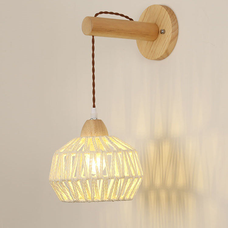 Japanese Solid Wood Hollow Round 1-Light Wall Sconce Lamp