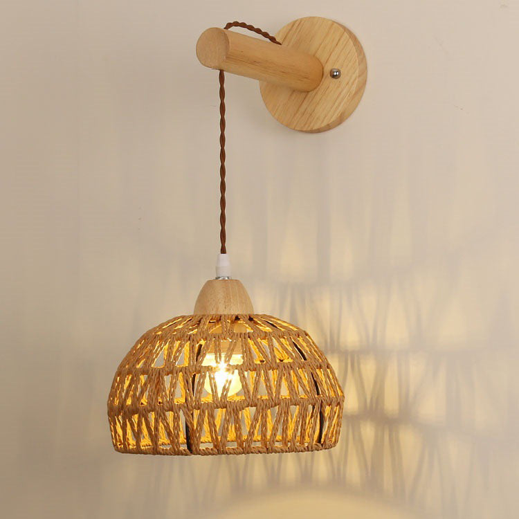 Japanese Solid Wood Hollow Round 1-Light Wall Sconce Lamp