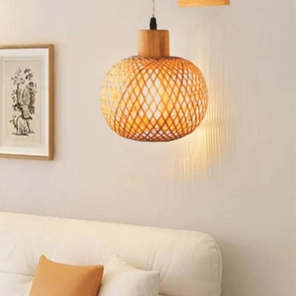 Japanese Bamboo Wood Hollow Round 1-Light Wall Sconce Lamp