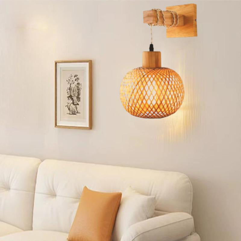 Japanese Bamboo Wood Hollow Round 1-Light Wall Sconce Lamp