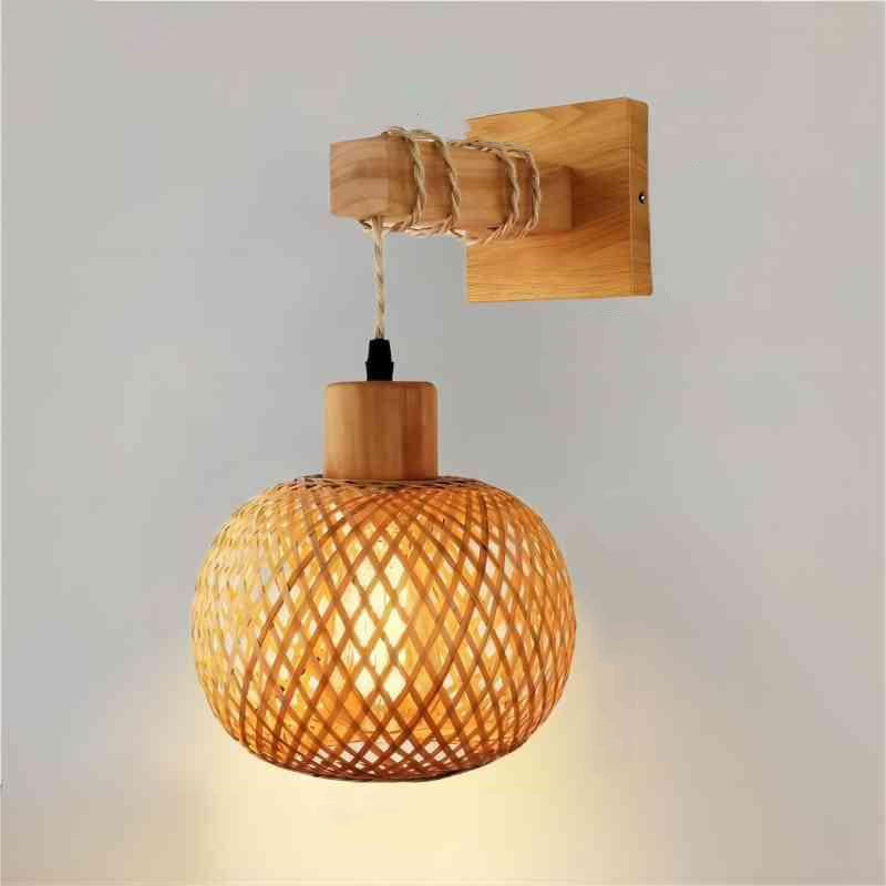 Japanese Bamboo Wood Hollow Round 1-Light Wall Sconce Lamp