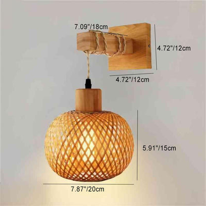 Japanese Bamboo Wood Hollow Round 1-Light Wall Sconce Lamp