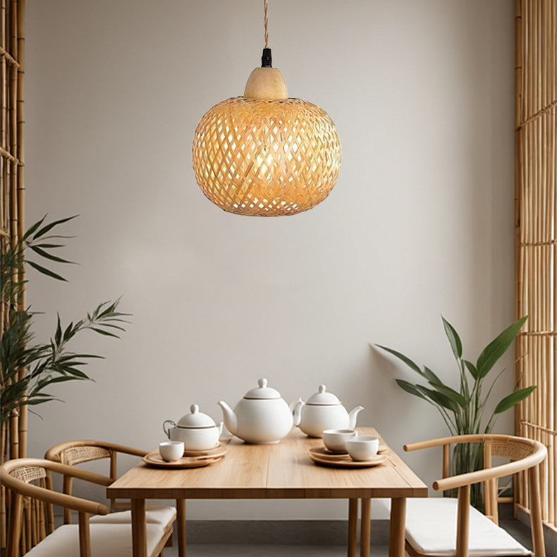 Japanese Bamboo Wood Hollow Round 1-Light Wall Sconce Lamp