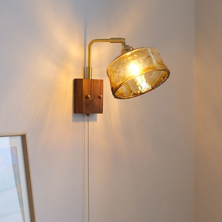 Glass Copper Wood Round Square 1-Light Wall Sconce Lamp