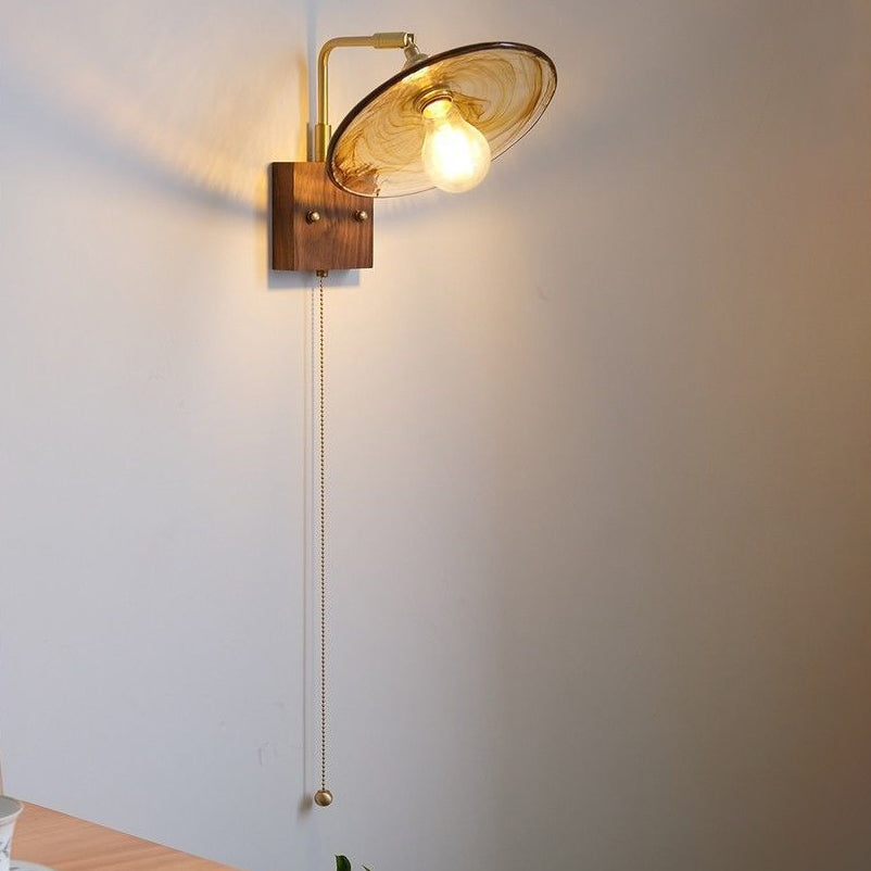 Glass Copper Wood Round Square 1-Light Wall Sconce Lamp