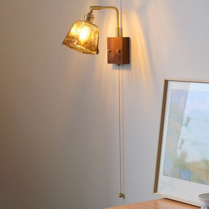 Glass Copper Wood Round Square 1-Light Wall Sconce Lamp