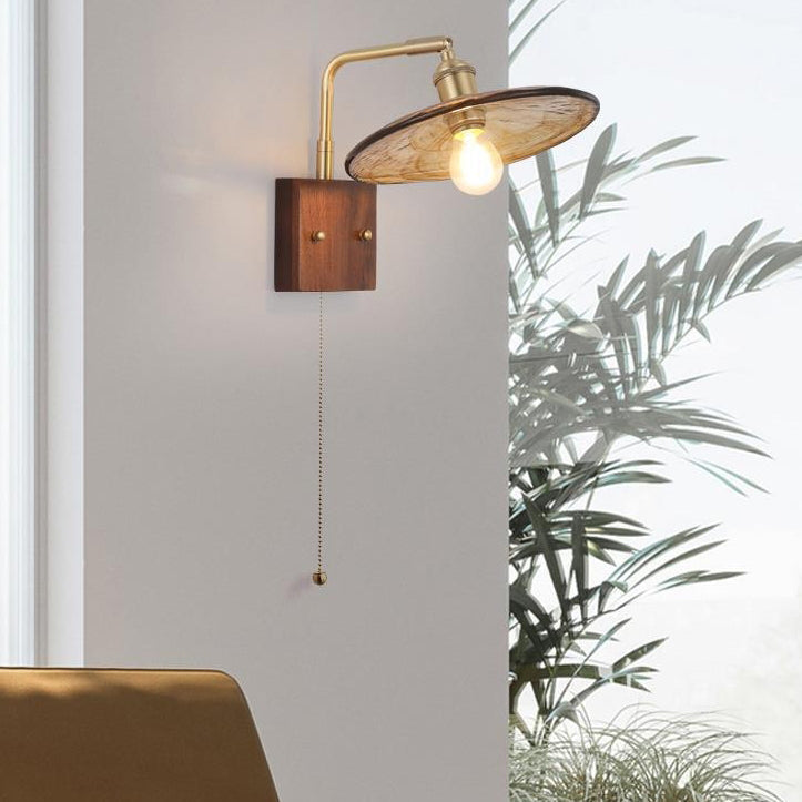 Glass Copper Wood Round Square 1-Light Wall Sconce Lamp