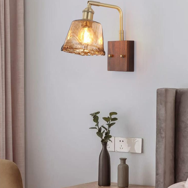 Glass Copper Wood Round Square 1-Light Wall Sconce Lamp