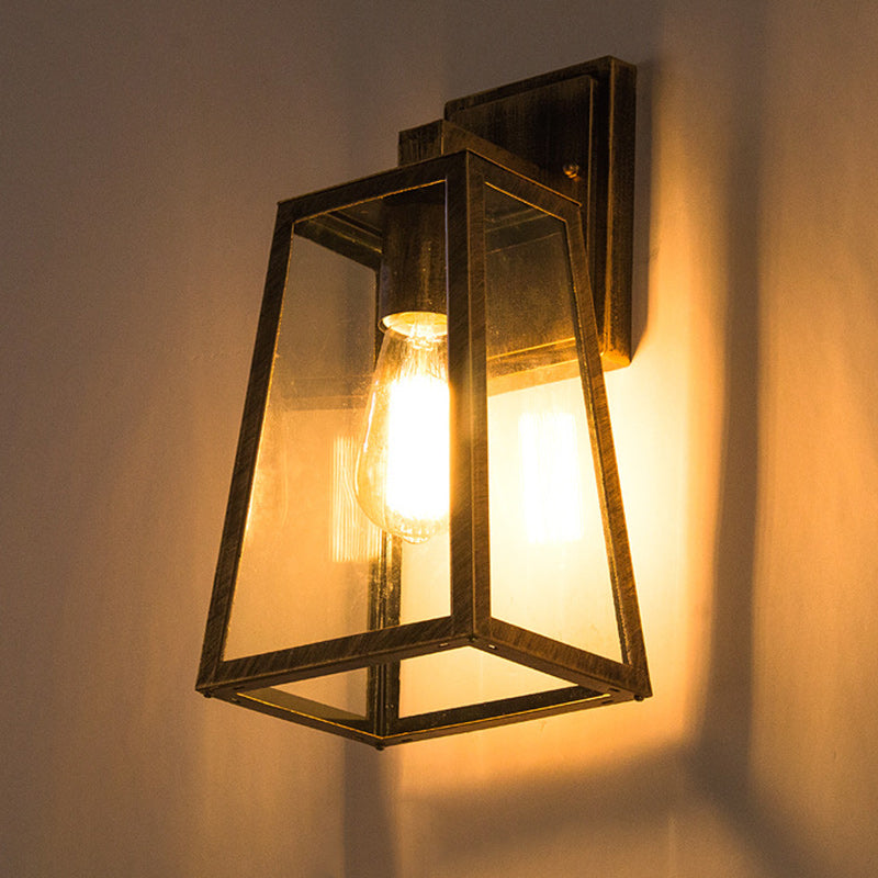 Iron Glass Lantern-Style Trapezoid 1-Light Wall Sconce Lamp