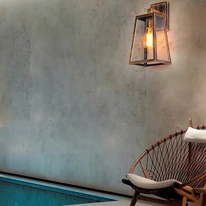 Iron Glass Lantern-Style Trapezoid 1-Light Wall Sconce Lamp