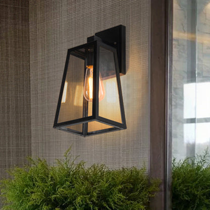 Iron Glass Lantern-Style Trapezoid 1-Light Wall Sconce Lamp